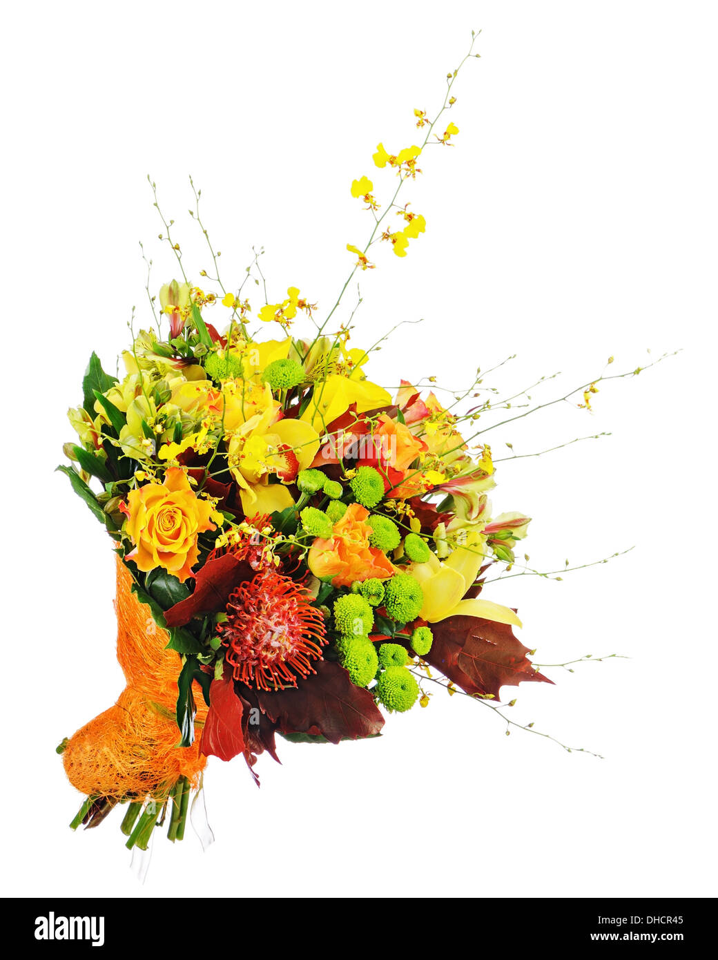 Floral bouquet of roses, lilies and orchids isolated on white