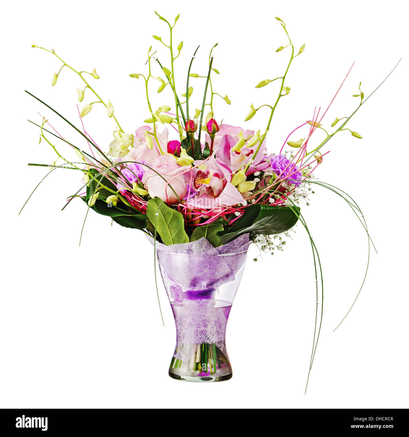 Colorful flower bouquet in vase isolated on white background. Closeup. Stock Photo