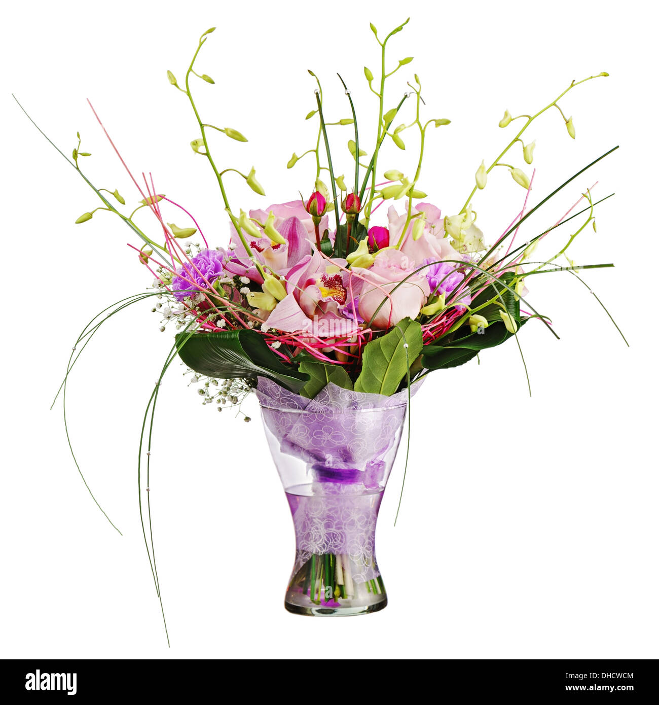 Colorful flower bouquet in vase isolated on white background. Closeup ...