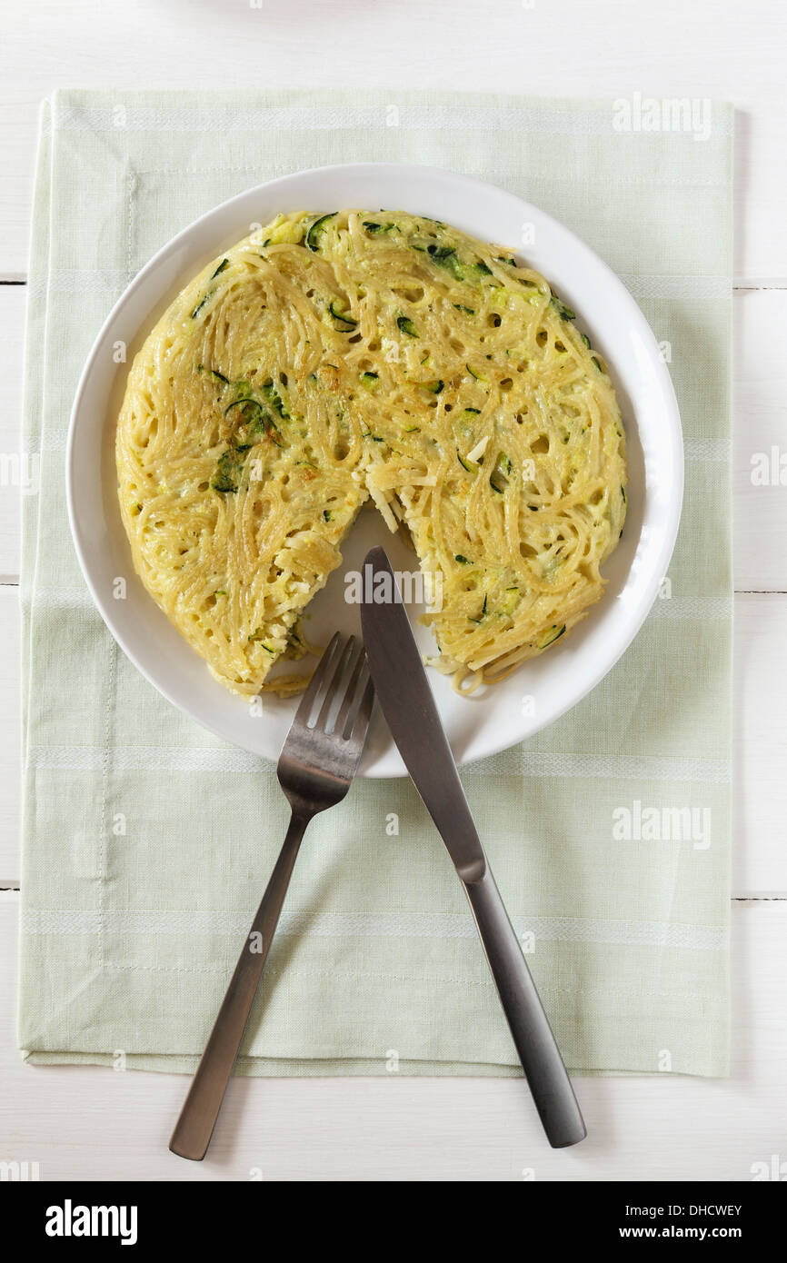 https://c8.alamy.com/comp/DHCWEY/vegetarian-frittata-from-eggs-courgette-and-spaghetti-DHCWEY.jpg