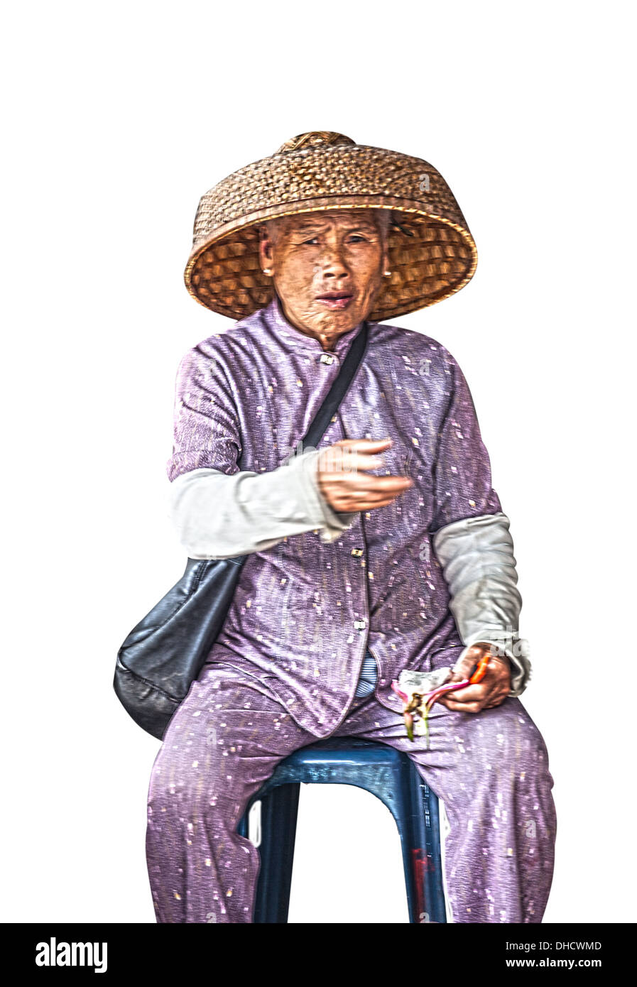 Color photographs of Japanese people age 50 plus working in Japan. The photographs have been cut out and placed on a white Stock Photo