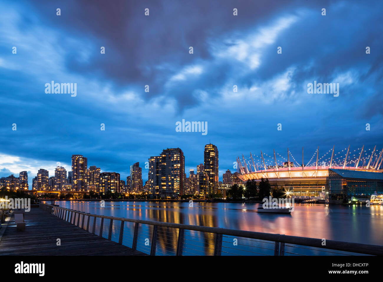 Canada, Skyline of Vancouver at night with BC Place Stadium Stock Photo ...