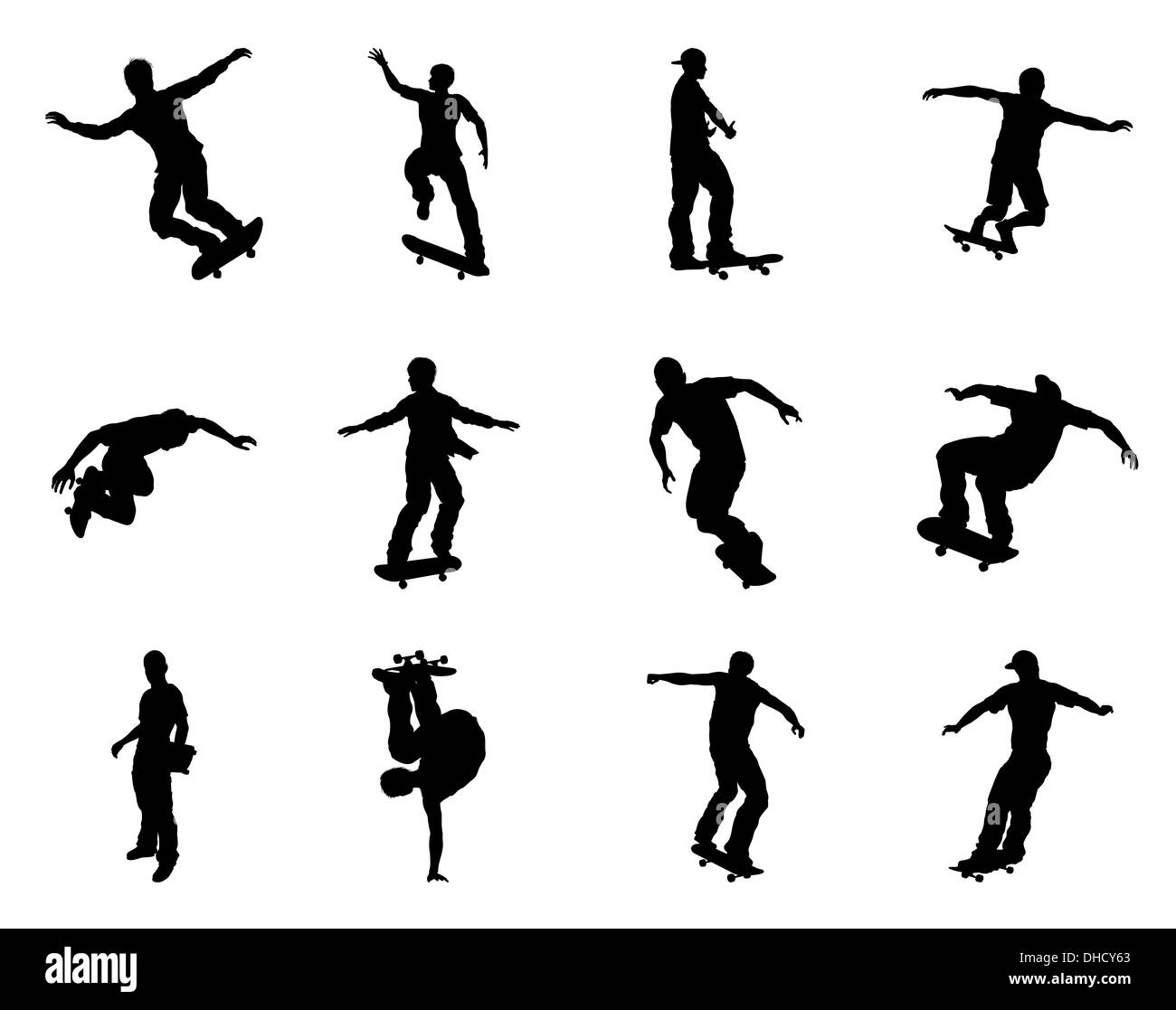 Highly detailed skating skateboarder silhouette outlines. Skateboarders performing lots of tricks on their boards. Stock Photo