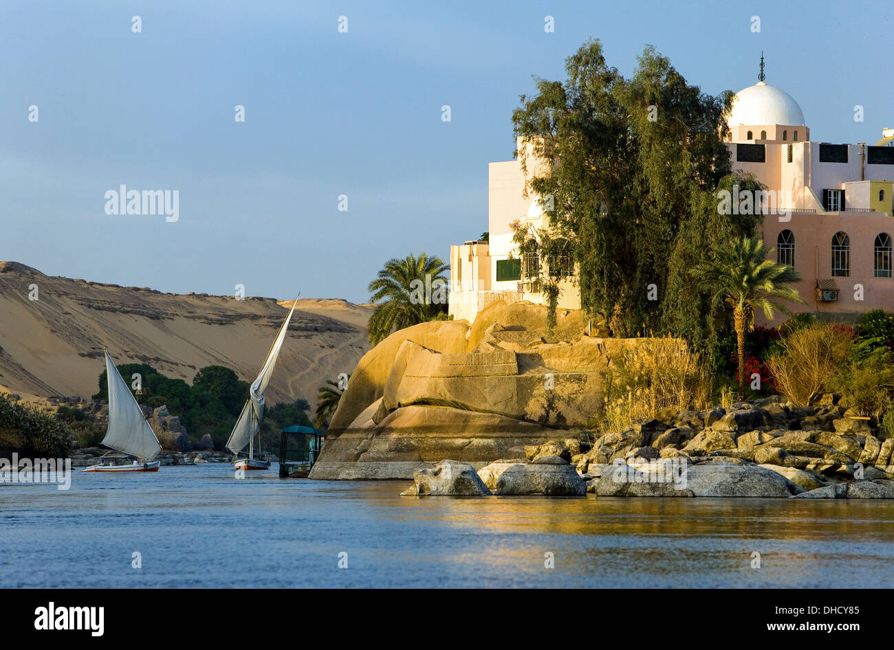 Africa Egypt, Aswan, felucas on the Nile river Stock Photo