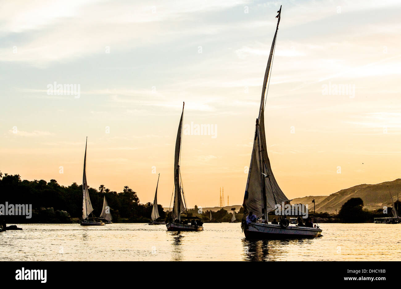 Africa Egypt, Aswan, felucas on the Nile river Stock Photo