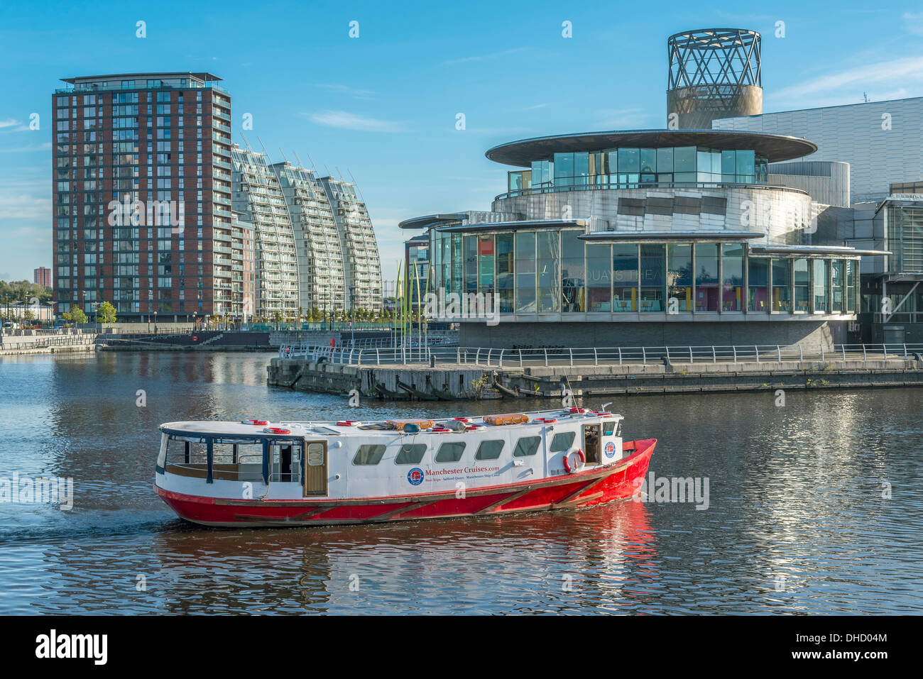 Salford Quays. Tourist boat on the docks. Stock Photo