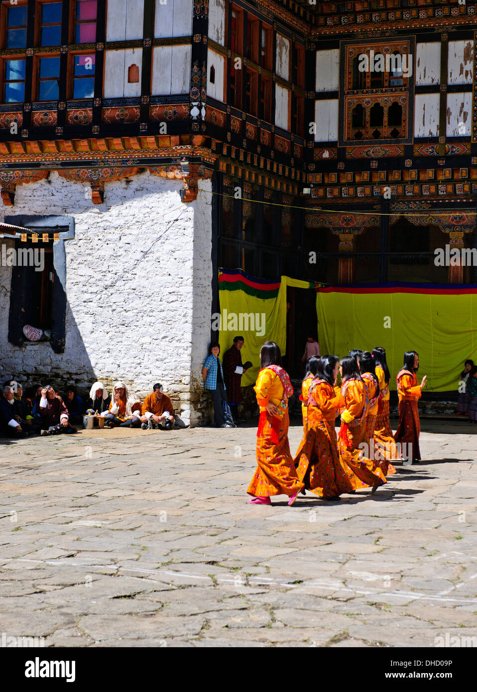 Thangbi Mani Tsechu Festival,Thankabi Dzong, Masked Dancers,Monks,Colorful Spectators,Chokor Valley, Bumthang, Eastern Bhutan Stock Photo