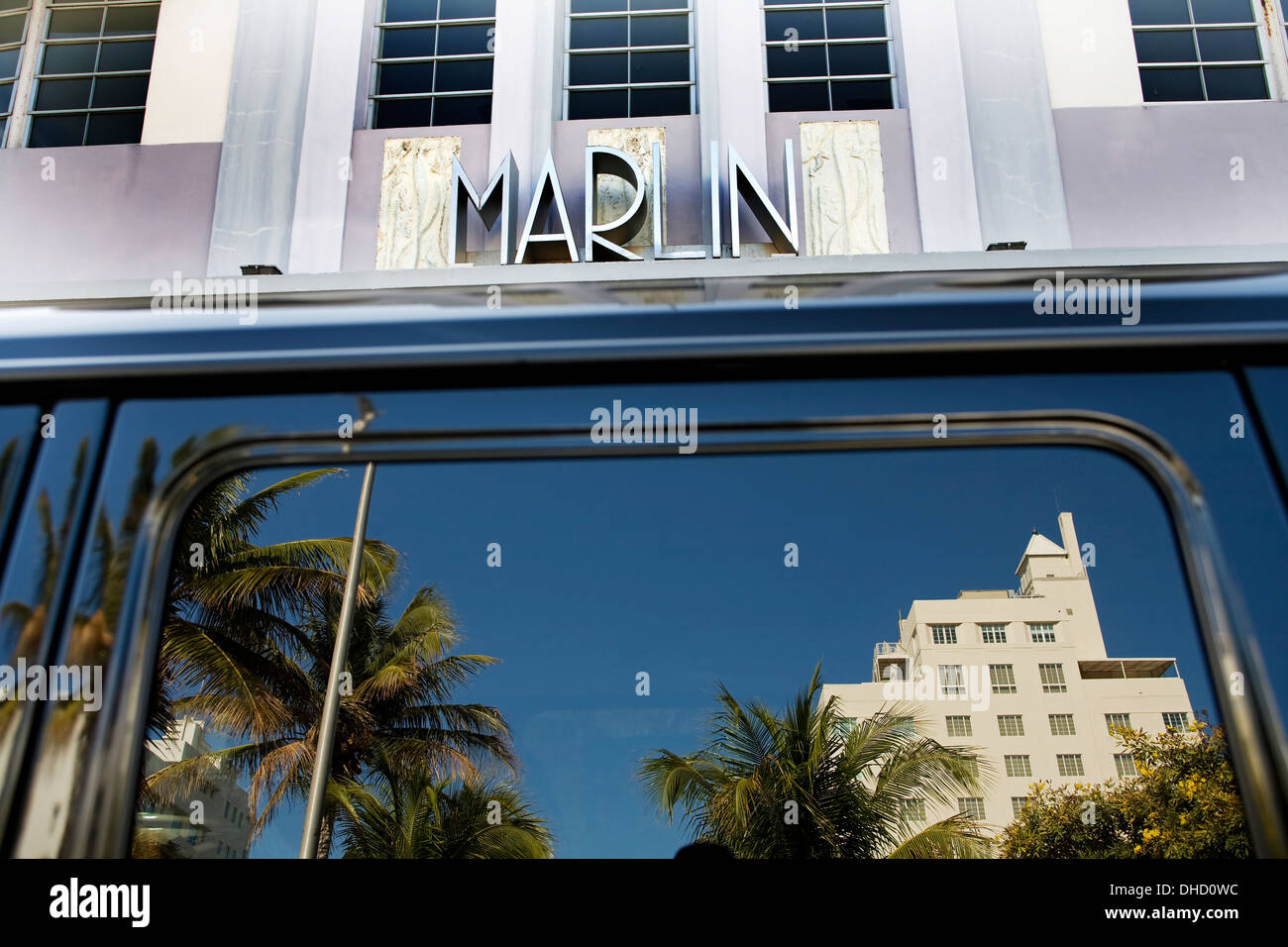 Marlin Hotel With Car Window Reflection; Southbeach, Miami Beach, Florida, United States Of America Stock Photo