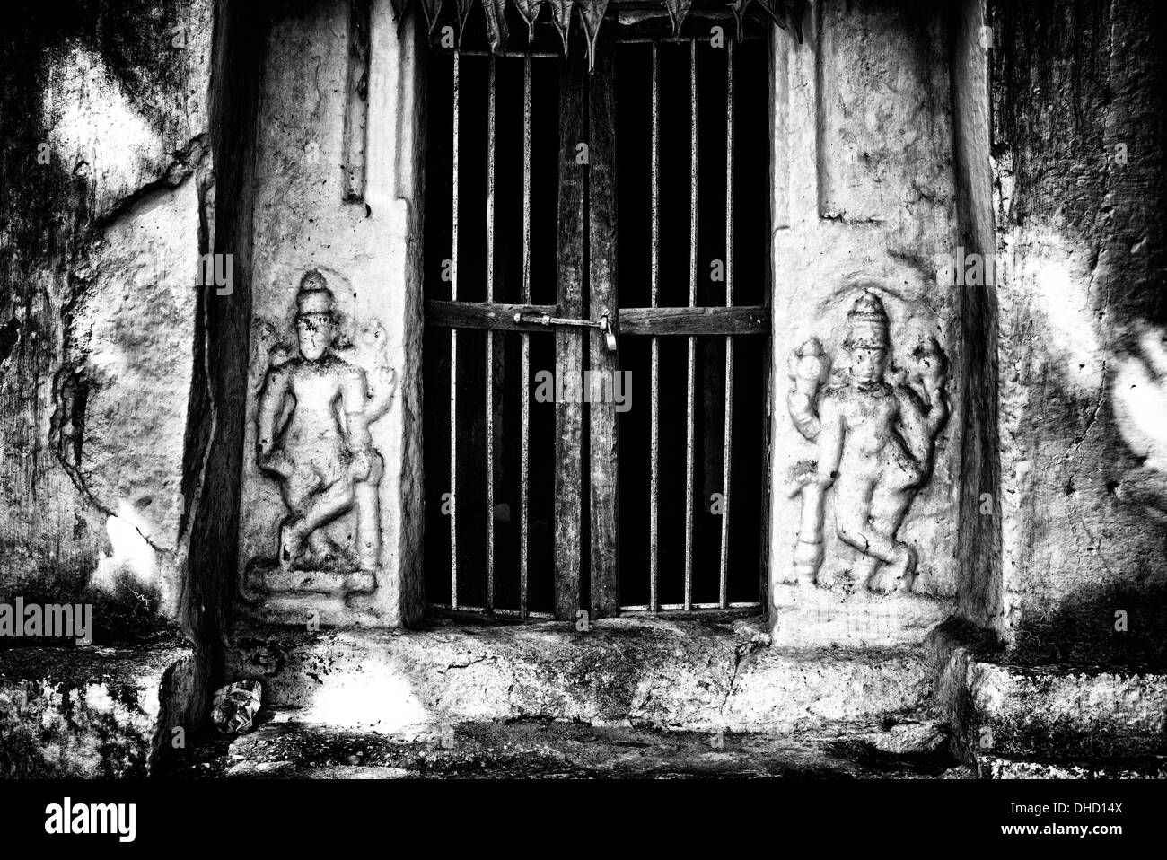 Old indian hindu village temple. Andhra Pradesh, India. Black and White Stock Photo