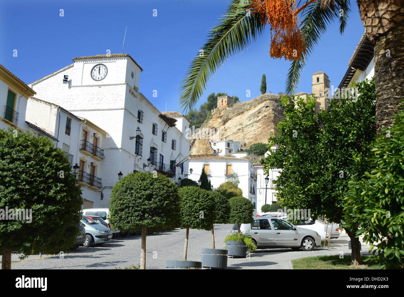MONTEFRIO , SPAIN  - The attractive centre of the town looking up to the Moorish castle Stock Photo