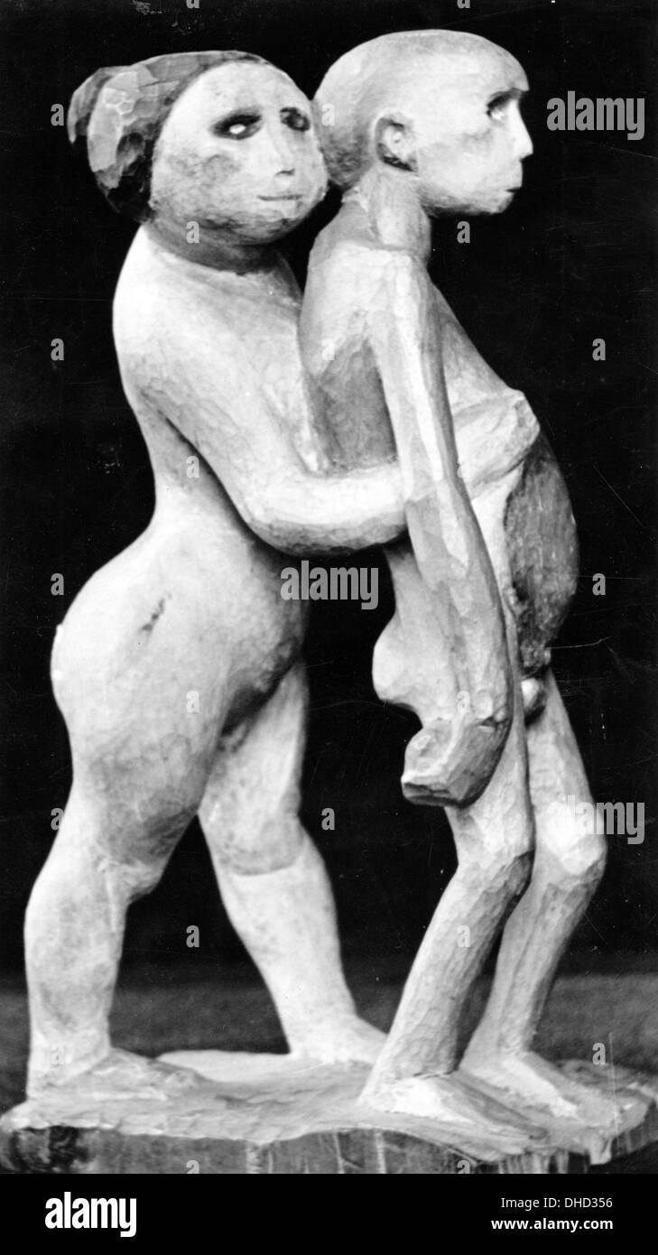 An undated National Socialist propaganda picture shows the statue 'Joseph and Potiphar's Wife' (aka 'Adam and Eve') by Eugen Hoffmann at the 'Degenerate Art' exhibition around 1937/1983. Fotoarchiv für Zeitgeschichte / FILE - NO WIRE SERVICE - Stock Photo