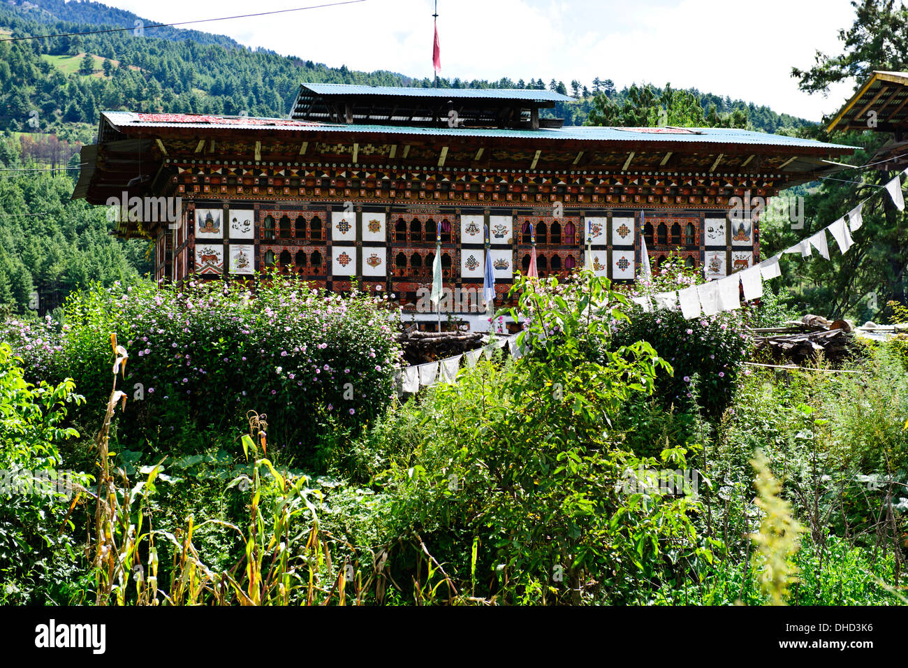 Traditional houses,wall paintings such as large red phallus symbols,animals by colorfully adorned wooden window frames,Bhutan Stock Photo