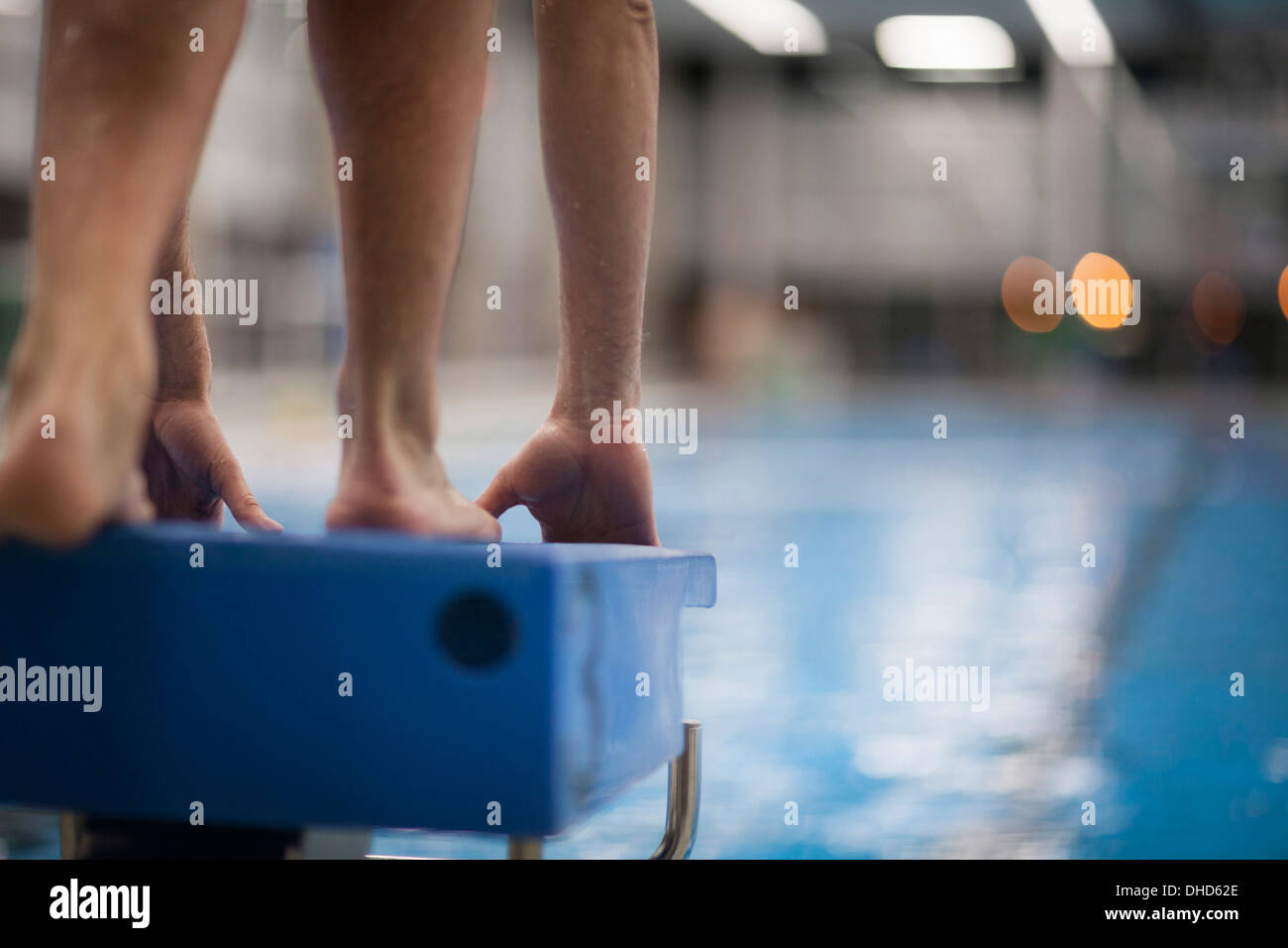 Swimmer on starting block at indoor swimming pool Stock Photo Alamy