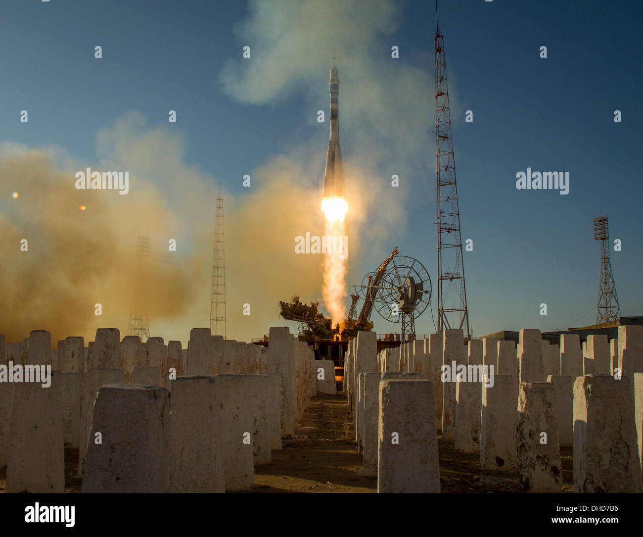 Baikonur Cosmodrome in Kazakhstan. 7th November 2013. The Soyuz TMA-11M rocket is launched with Expedition 38 Soyuz Commander Mikhail Tyurin of Roscosmos, Flight Engineer Rick Mastracchio of NASA and Flight Engineer Koichi Wakata of the Japan Aerospace Exploration Agency onboard, at the Baikonur Cosmodrome in Kazakhstan on 7 November 2013. Tyurin, Mastracchio, and, Wakata will spend the next six months aboard the International Space Station. Mandatory Credit: Bill Ingalls / NASA via CNP/Alamy Live News Stock Photo