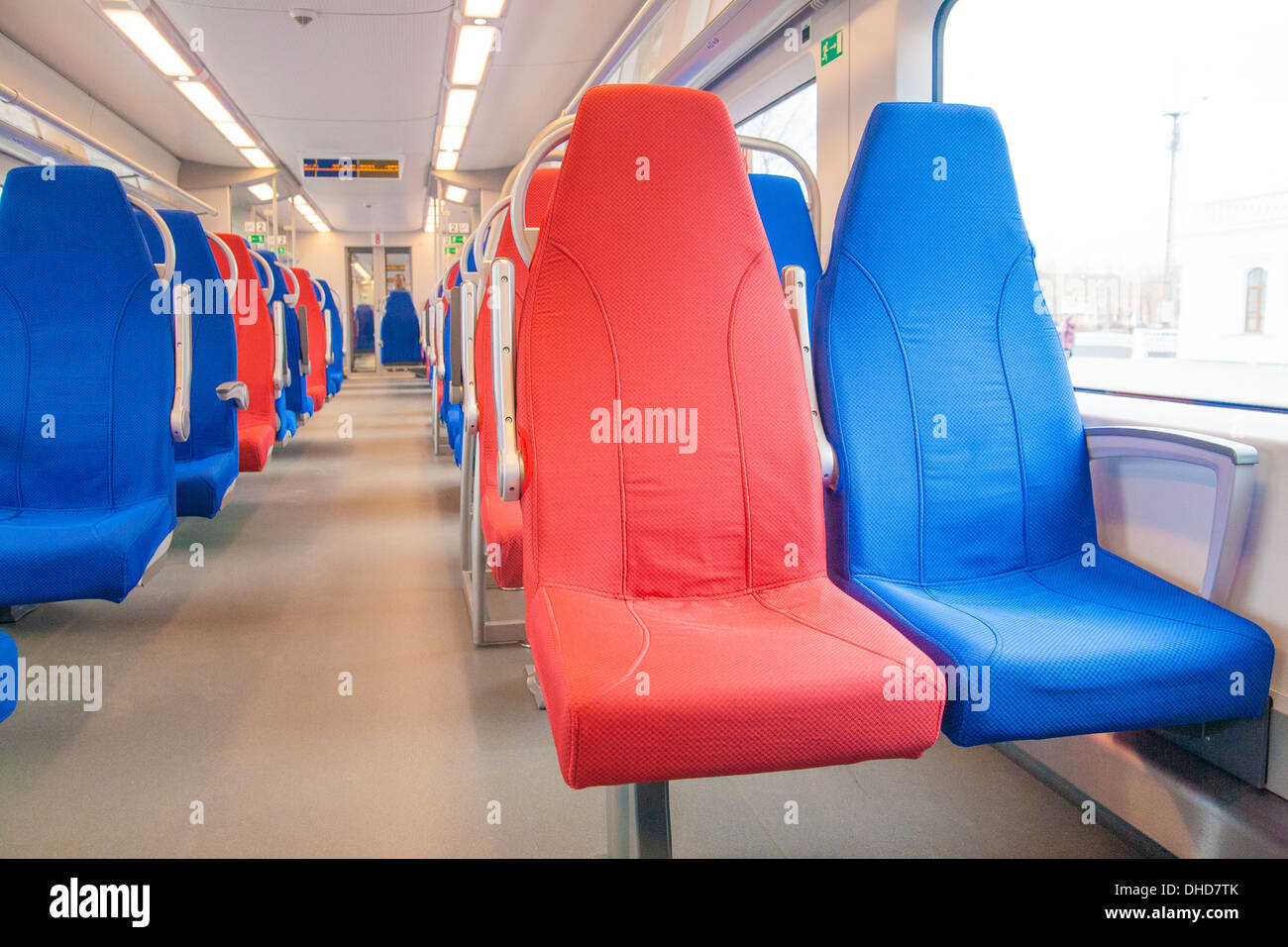 Passenger seats in an empty train. Stock Photo