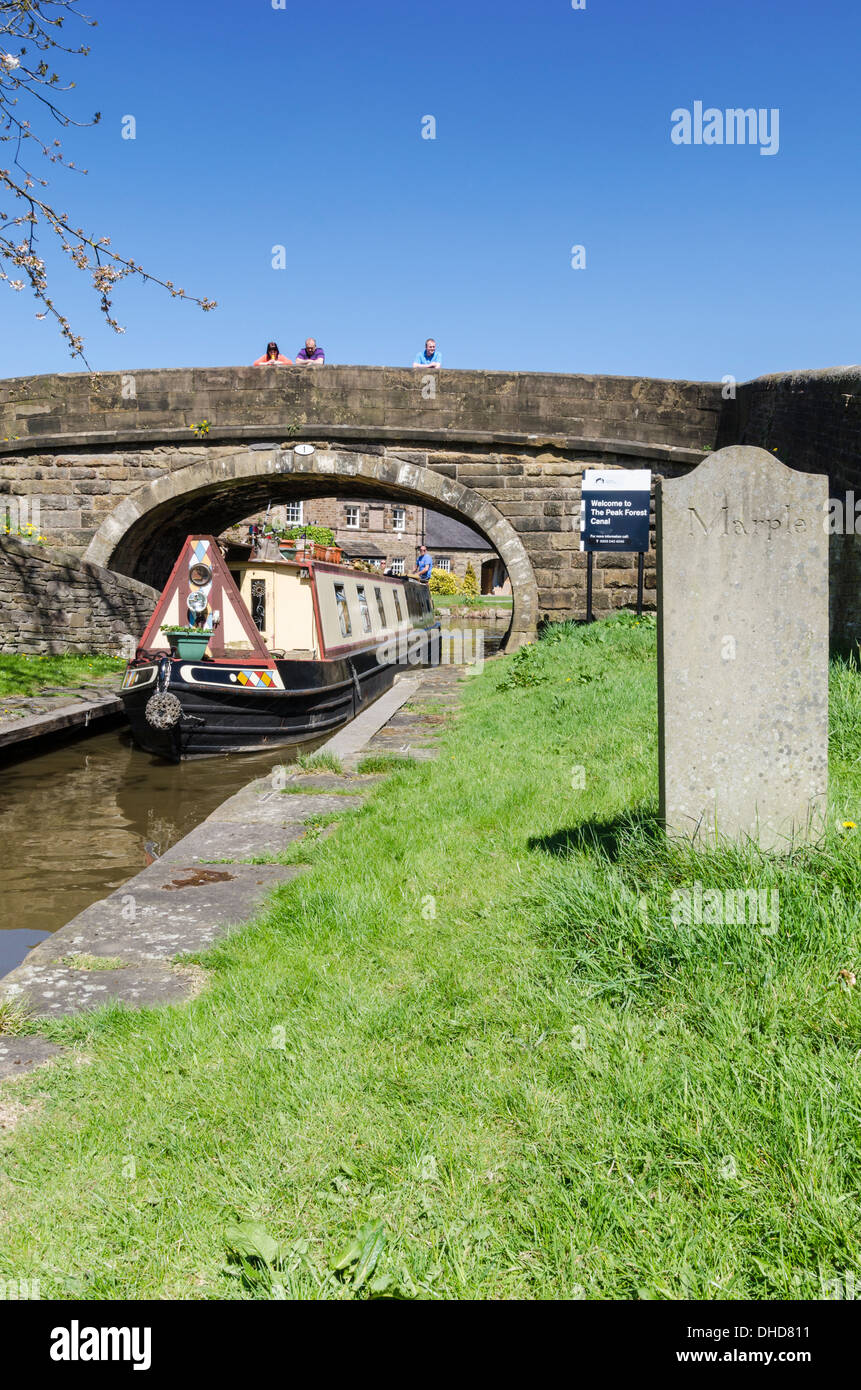 Narrowboat entering the Macclesfield Canal from the Peak Forest Canal, Marple, Greater Manchester, England Stock Photo