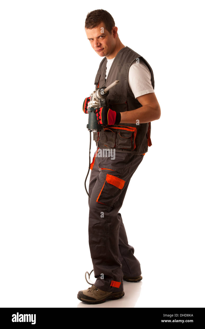 Construction worket with drilling machine isolated over white background Stock Photo