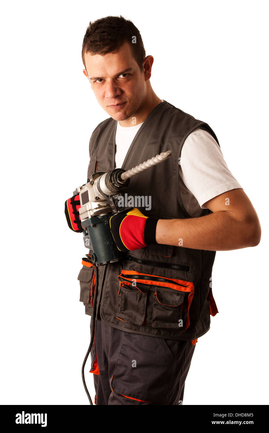 Construction worket with drilling machine isolated over white background Stock Photo