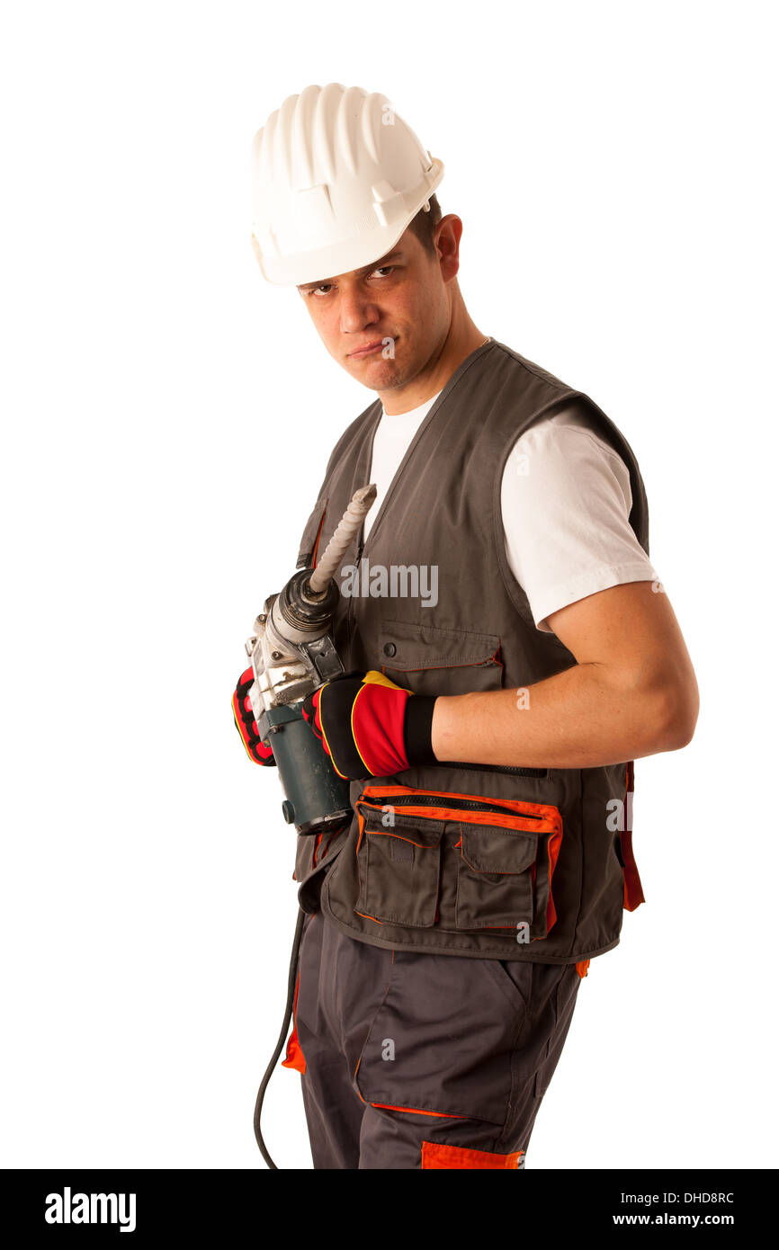 Construction worket with drilling machine isolated over white background Stock Photo
