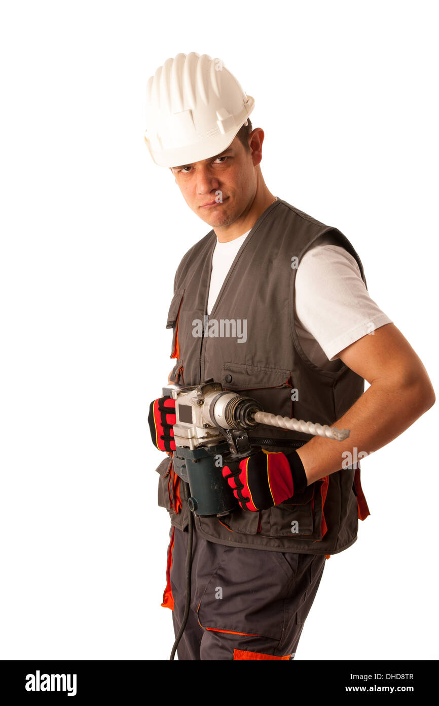 Construction worket with drilling machine isolated over white background Stock Photo