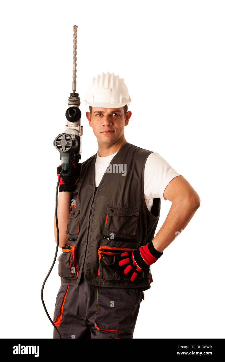 Construction worket with drilling machine isolated over white background Stock Photo