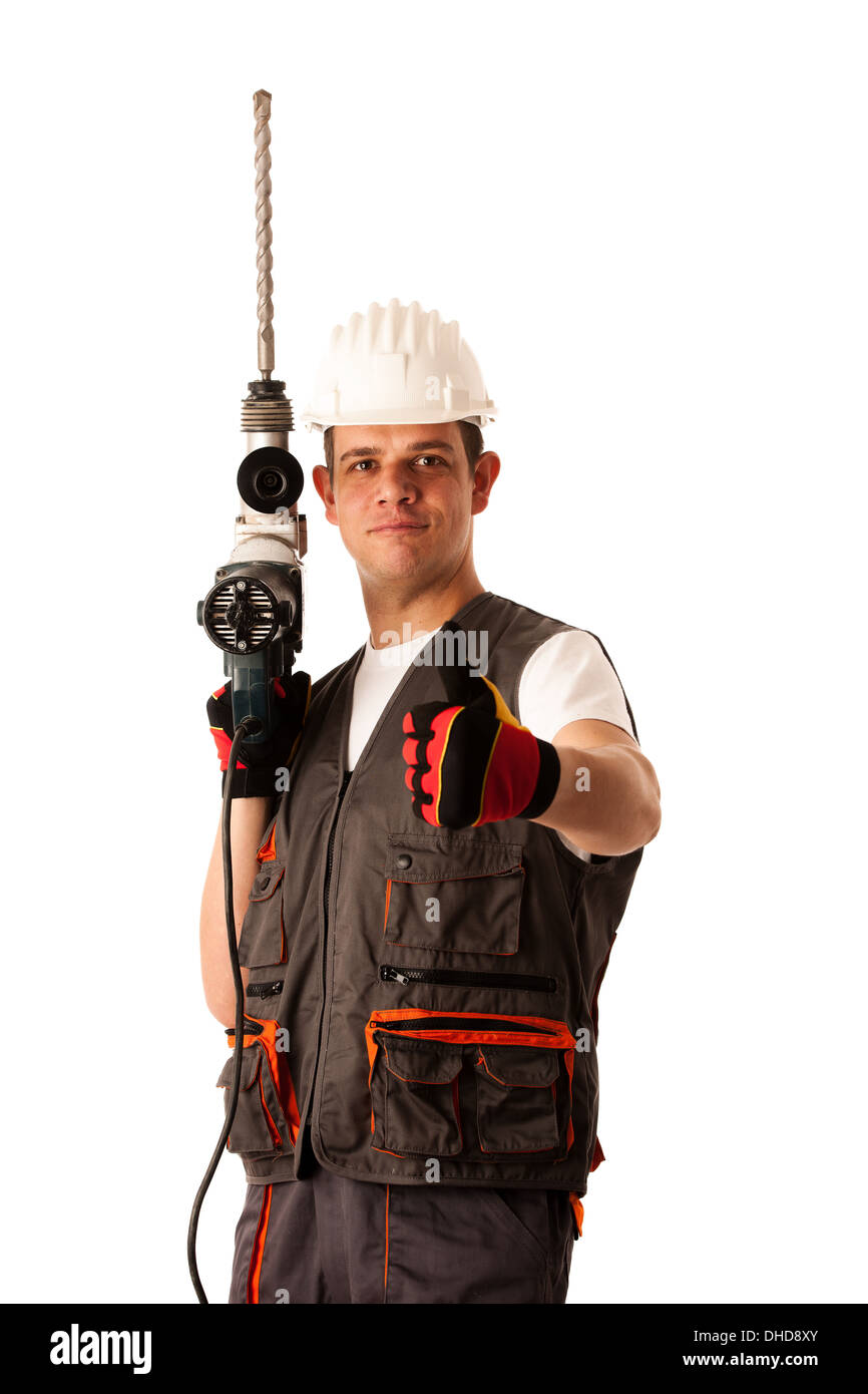 Construction worket with drilling machine isolated over white background Stock Photo