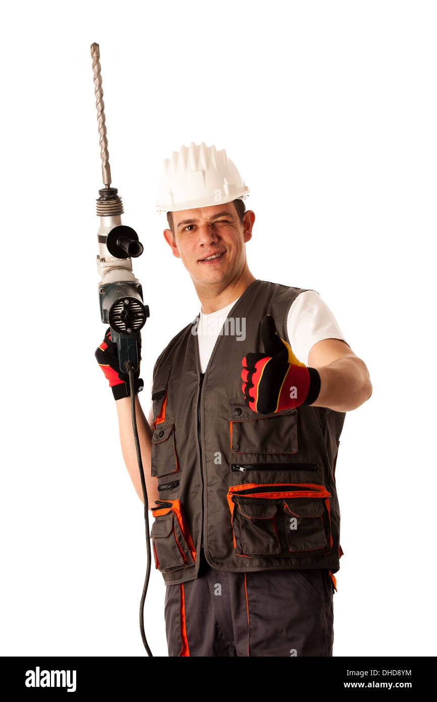 Construction worket with drilling machine isolated over white background Stock Photo