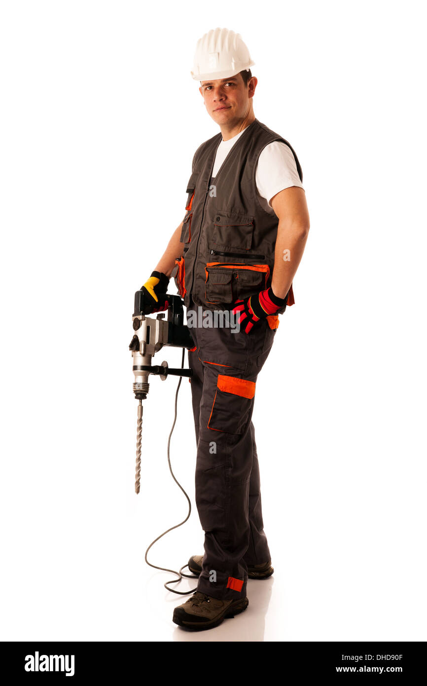 Construction worket with drilling machine isolated over white background Stock Photo