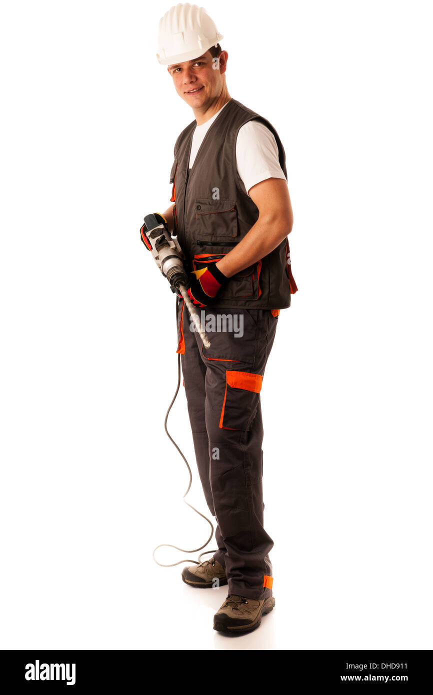 Construction worket with drilling machine isolated over white background Stock Photo