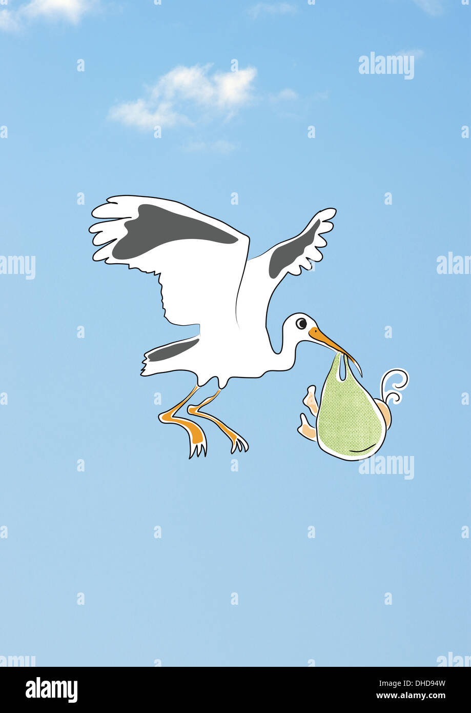 Stork flying in the sky, delivering newborn baby child Stock Photo