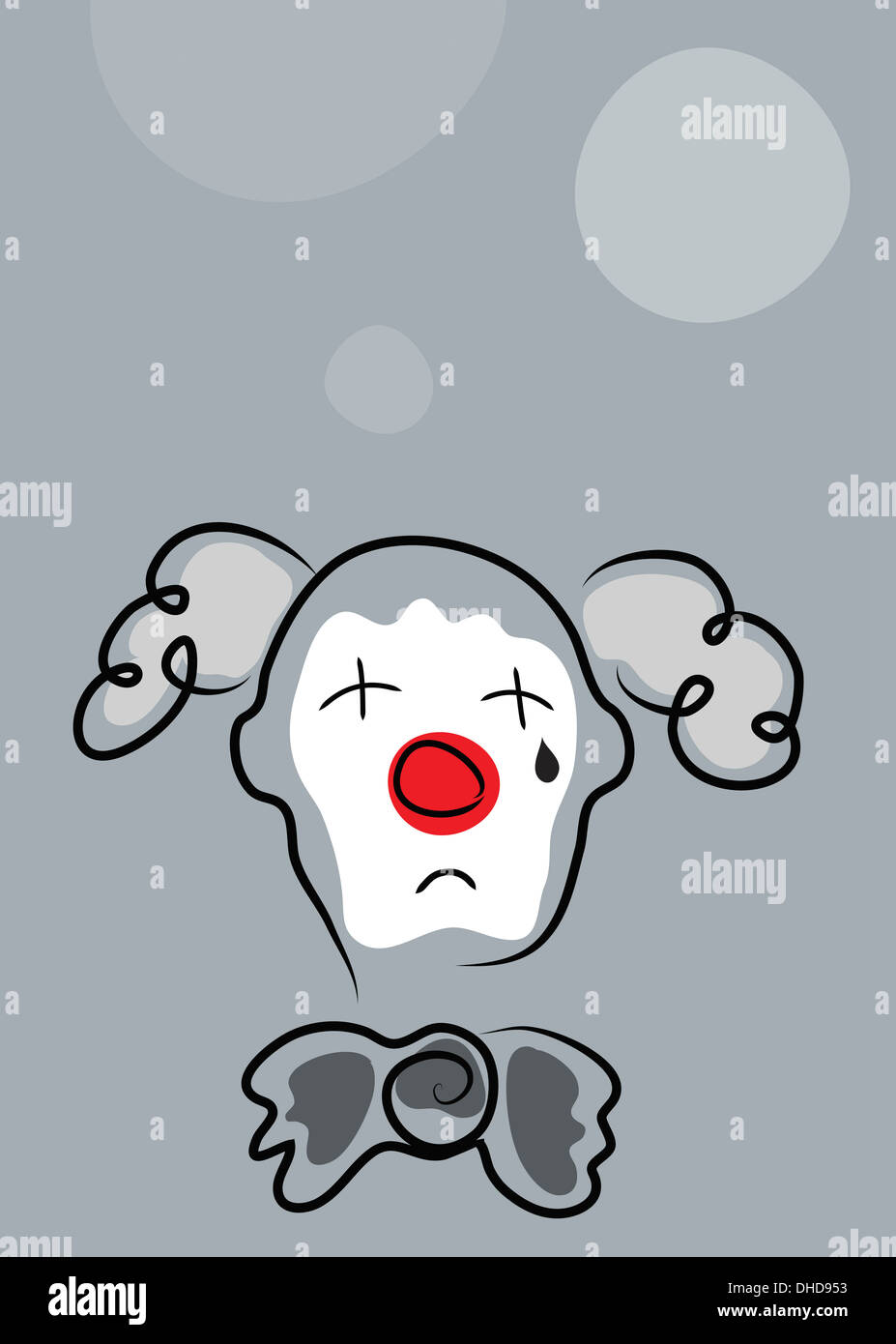 Sad clown with white face mask and red nose on gray background Stock Photo