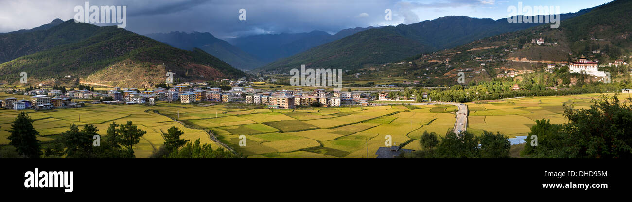 Bhutan, Paro valley, approaching storm from garden of Gantey Palace Hotel, panoramic Stock Photo