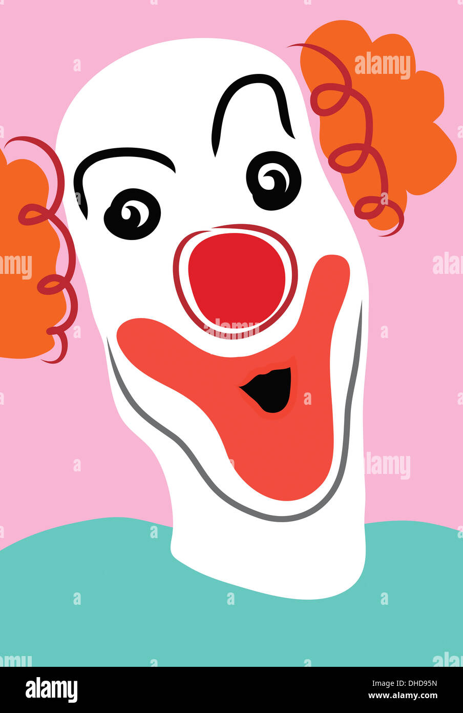 Happy clown with white face mask and red nose on pink background Stock Photo