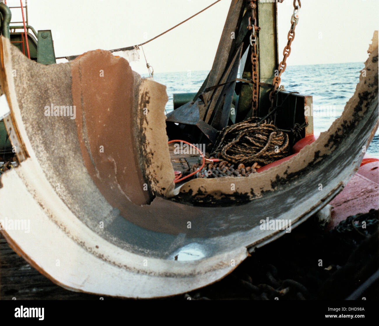 View of the left solid rocket booster first piece retrieval #11 (STS-51L space shuttle Challenger). Stock Photo