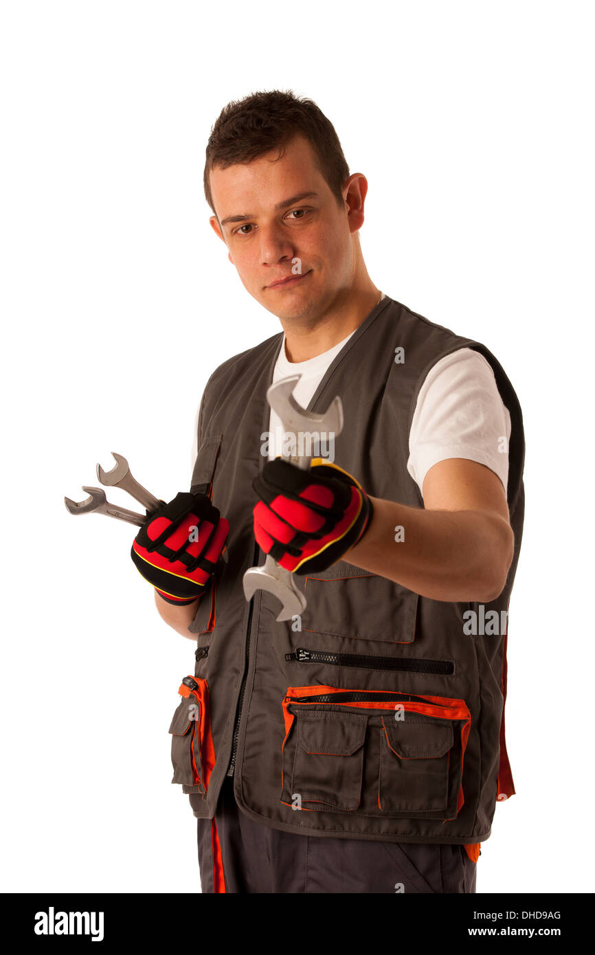 Young mechanic isolated over white background Stock Photo