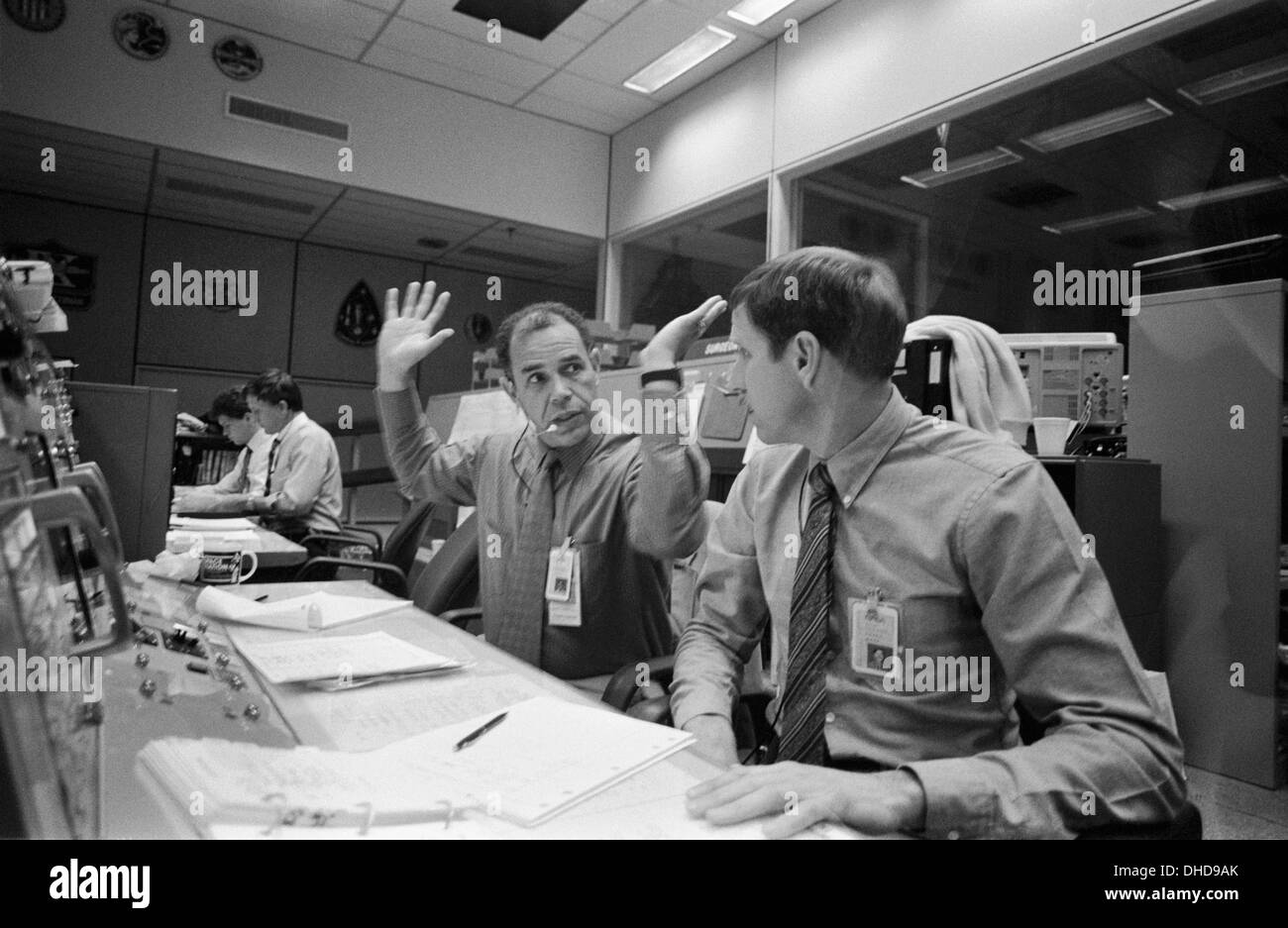Astronauts Frederick D. Gregory, left, and Richard O. Covey display confusion and concern in their countenance as they function Stock Photo