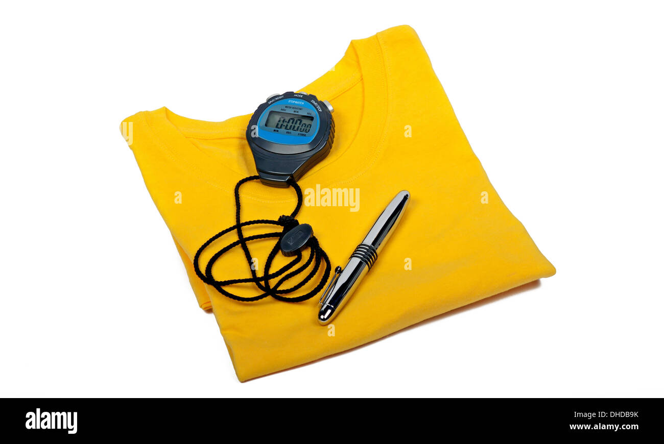 yellow t shirt, digital stop watch and ballpoint pen isolated on white background Stock Photo