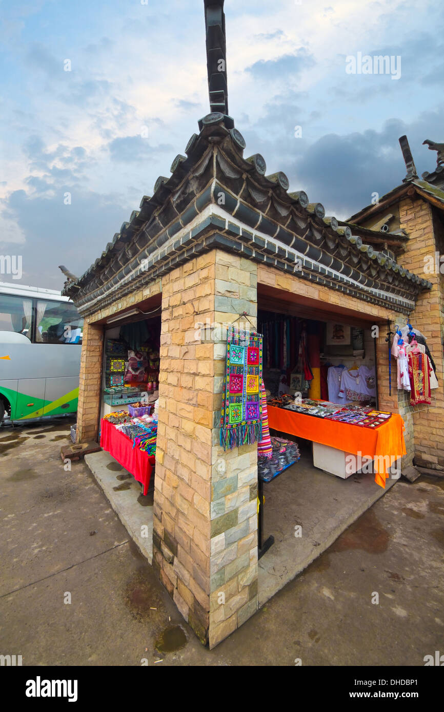 A stall selling variety of chinese tradition accessories and clothings. Stock Photo
