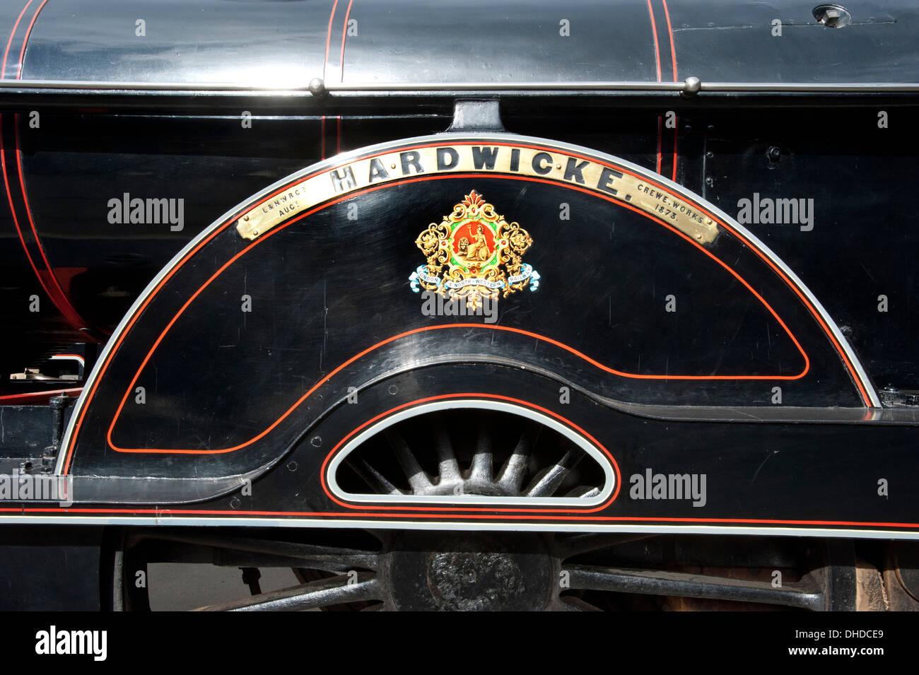 The Nameplate and Coat of Arms on the wheel splasher of L&NWR (london & North Western Railway) steam locomtive No 790 'HARDWICKE' Stock Photo
