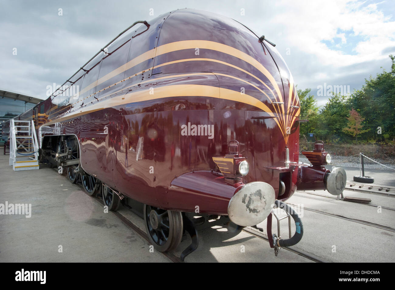 LMS (London Midland Scottish) streamlined steam locomotive Princess Coronation class No 46229 "Duchess of Hamilton" stands at 'Locomotion' the National Railway Museum's Shildon museum, County Durham. Stock Photo