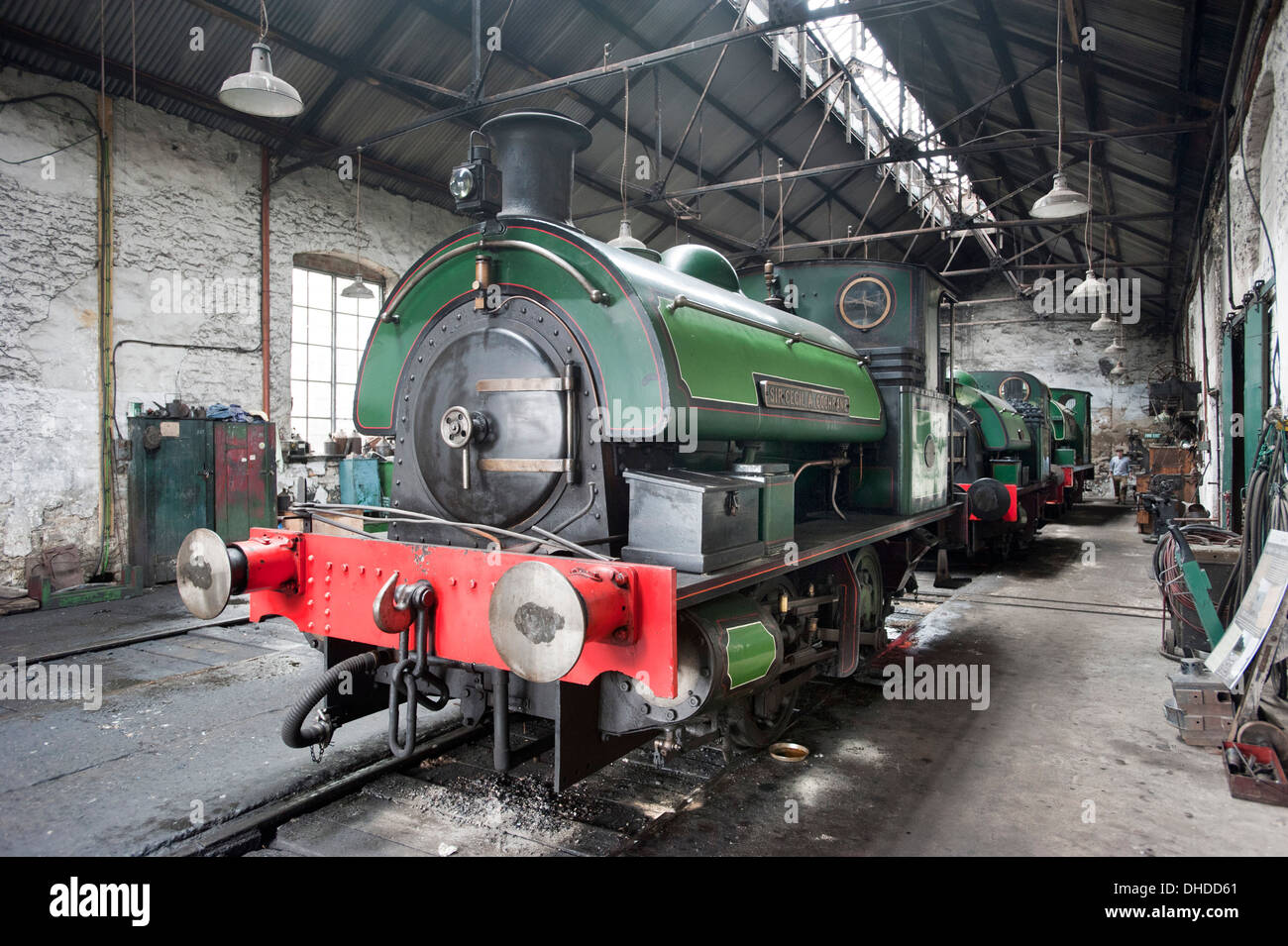Three former Coal Board Saddletank steam locomotives in the Marley Hill engine shed at the Tanfield Railway, County Durham Stock Photo