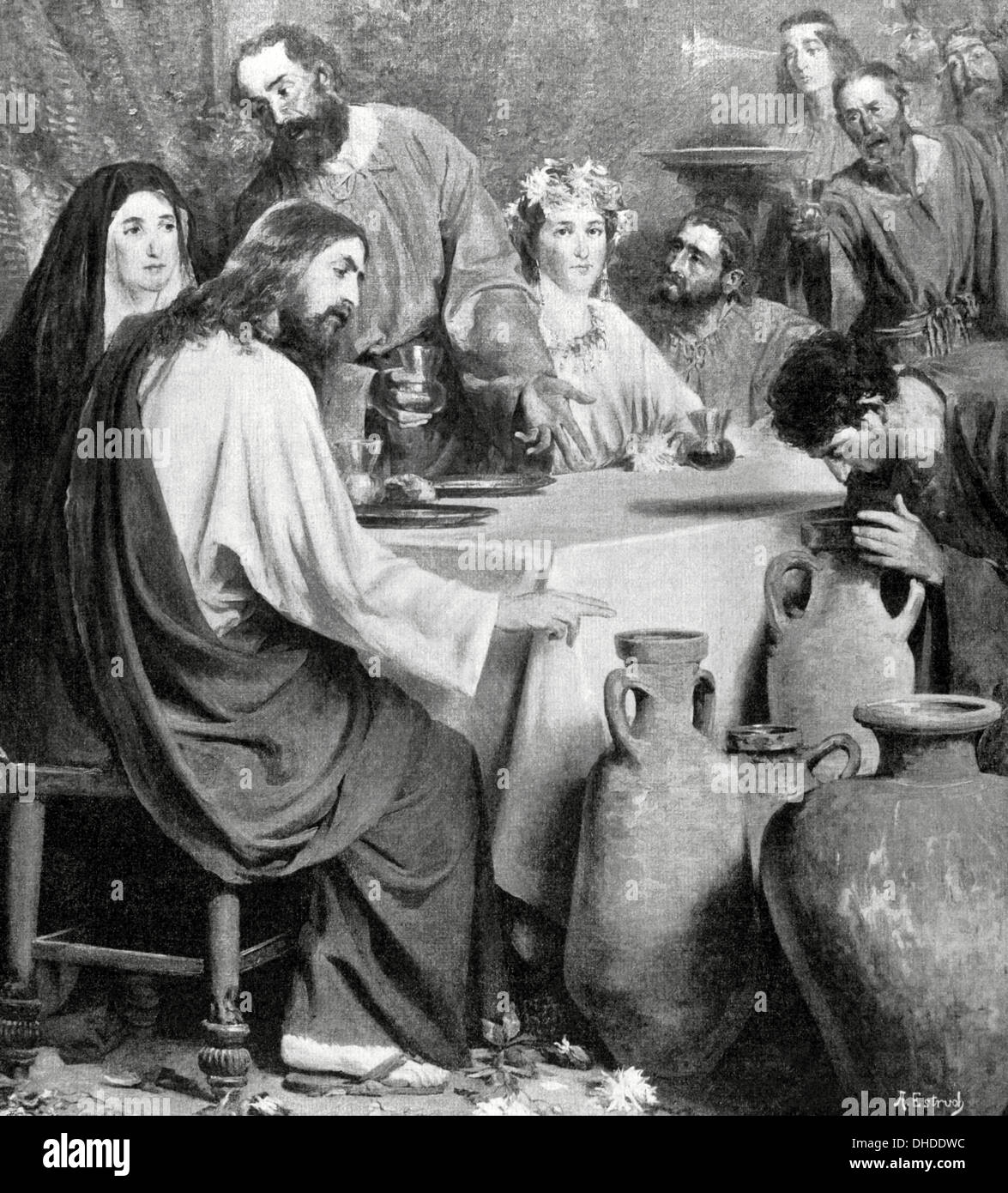 New Testament. Marriage of Cana. Engraving after a painting by Antonio Estruch. The Artistic Illustration, 1897. Stock Photo