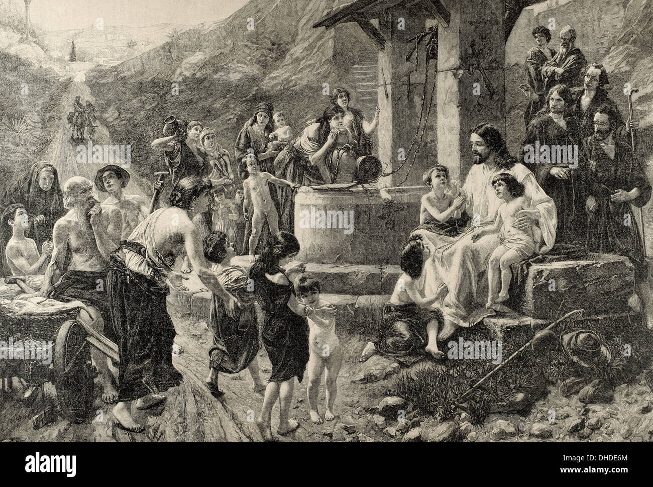New Testament. Gospel of Mark. Chapter X. Jesus blessing the children. Engraving by Knesing. Stock Photo