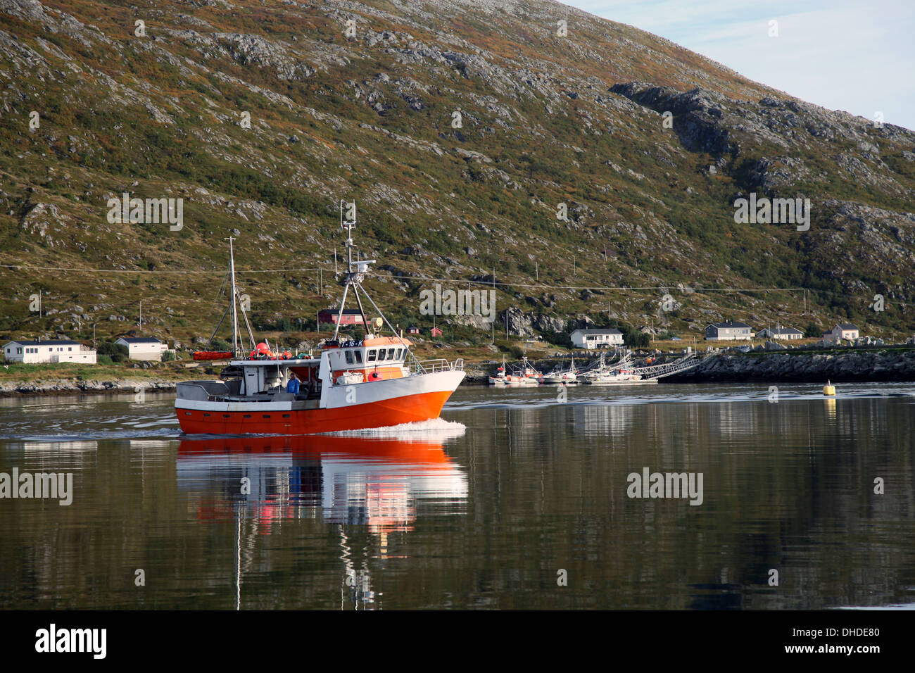Fishing boat leaving Torsvaag, North Norway, Norway, Scandinavia, Europe Stock Photo