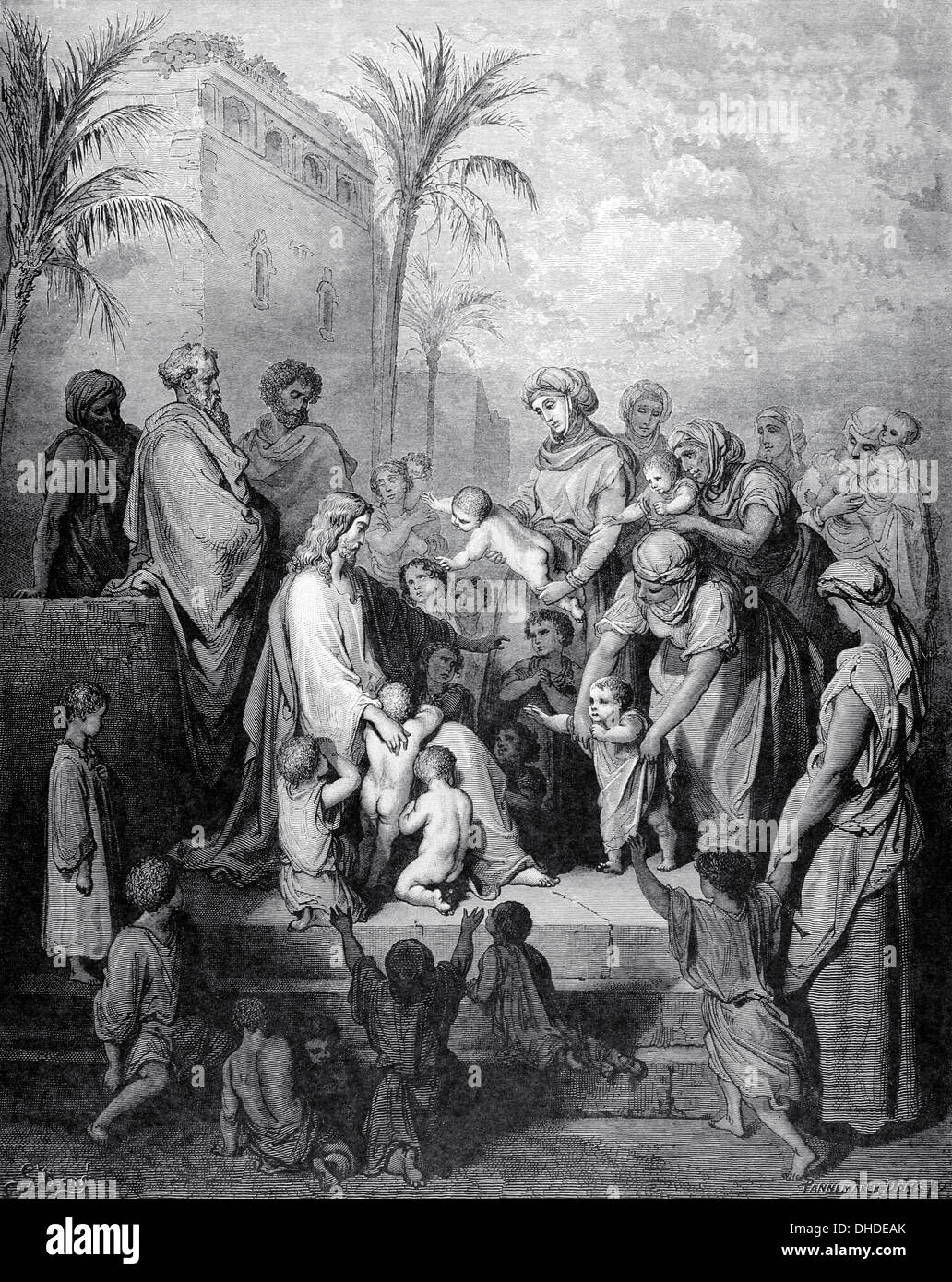 New Testament. Gospel of Mark. Chapter X. Jesus blessing the children. Engraving. Stock Photo