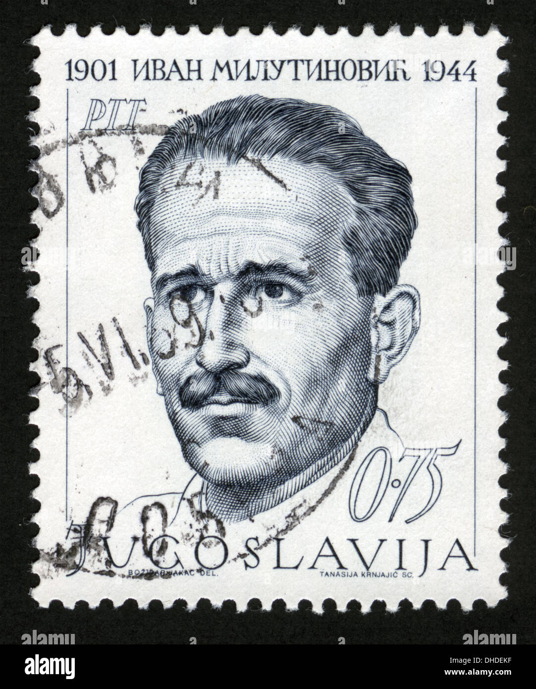 Yugoslavia,post mark,stamp,Ivan Milutinovok ,1901-1944 Stock Photo