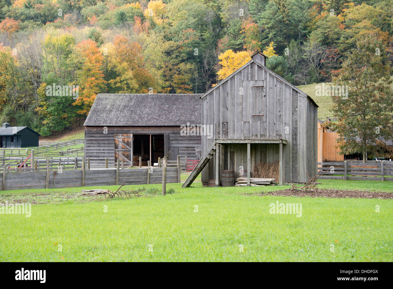 New York, Cooperstown, Farmers Museum. Historic wooden barn in the fall