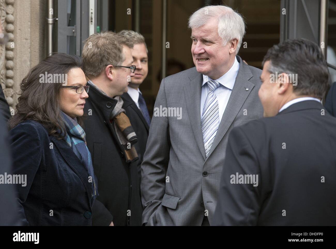 Berlin, Germany. 5th Nov, 2013. Horst Seehofer(CSU) receives in the house of Bavaria Representation in Berlin, Angela Merkel (CDU) and Sigmar Gabriel (SPD) for one more round of negotiations to the coalition between CDU / CSU and SPD, in Berlin, on November 5, 2013.Photo: Goncalo Silva/Nurphoto. © Goncalo Silva/NurPhoto/ZUMAPRESS.com/Alamy Live News Stock Photo