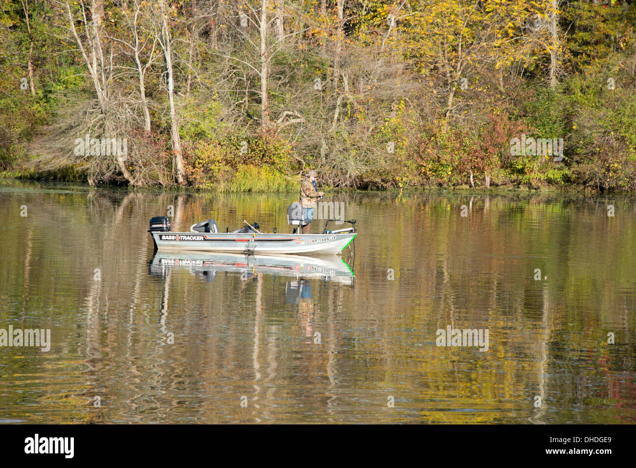 New York, Erie Canal. Autumn fishing on the Erie Canal. Stock Photo