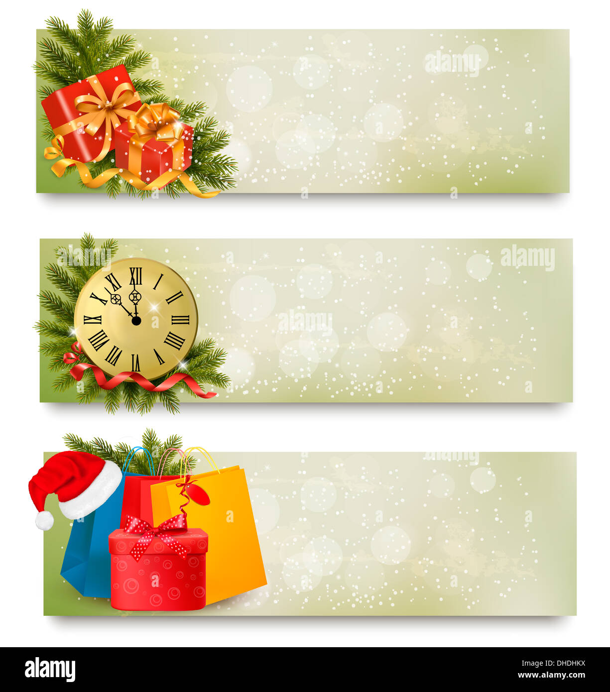 Three christmas banners with gift boxes and snowflake. Vector